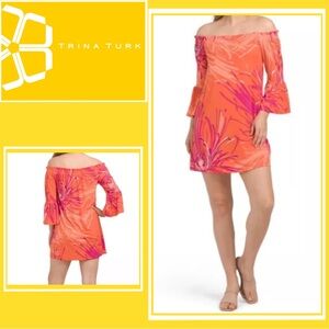 Trina Turk Dress Off Shoulder Mini Bell Sleeve Orange Pink Sz S #768
